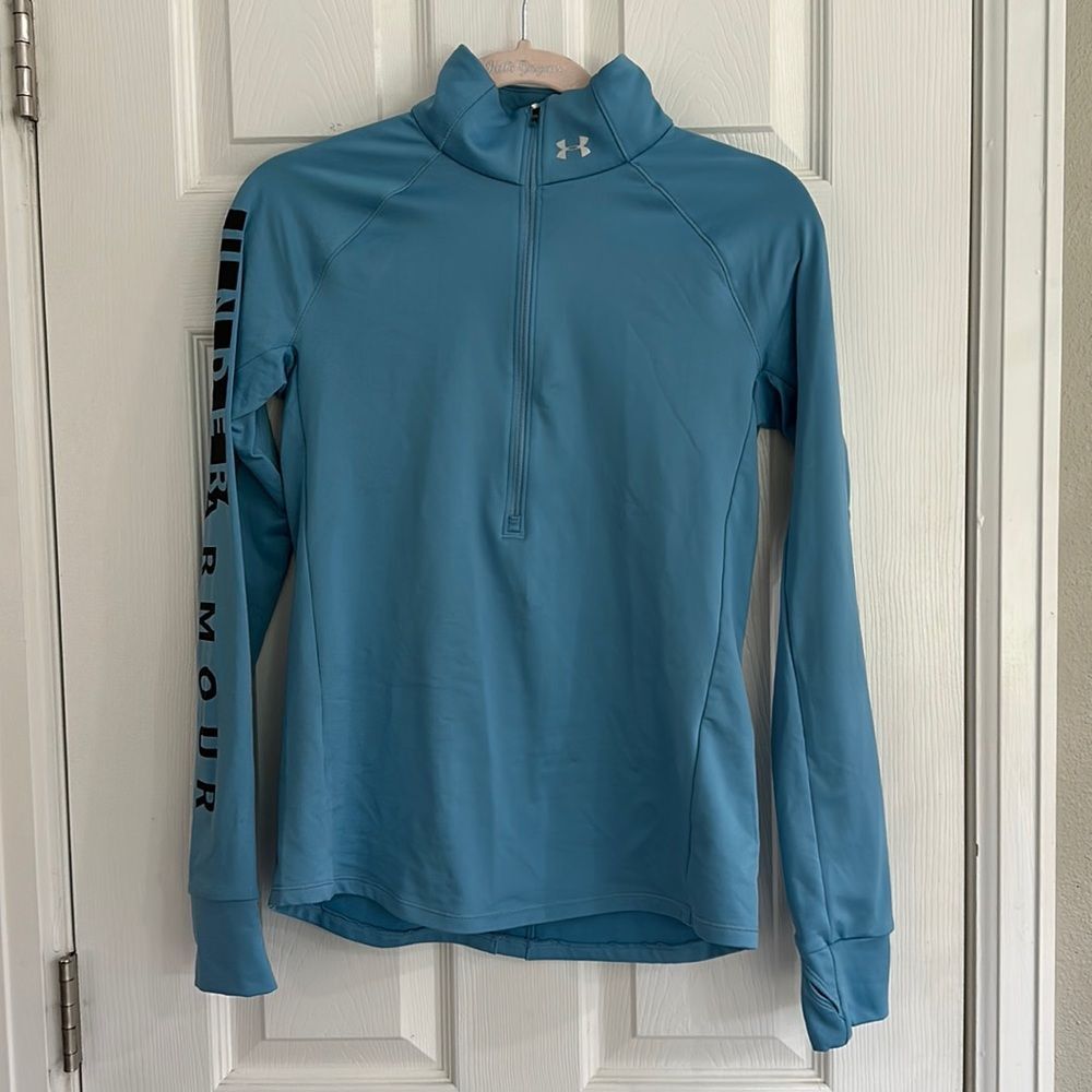 Under Armour ColdGear Half Zip Size Small Blue Thumb Holes Lightweight UA